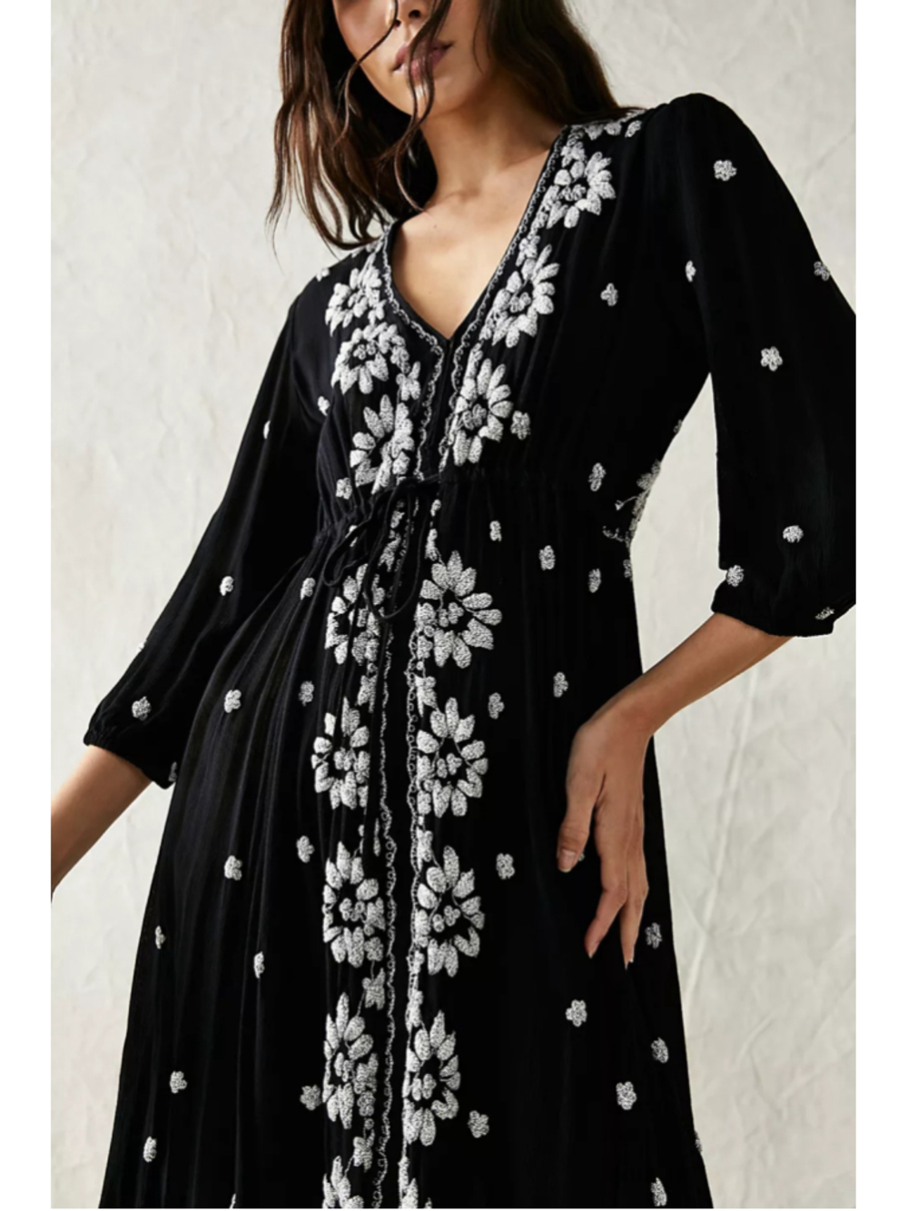 Free People Embroidered Fable Midi Dress black white floral boho women's medium